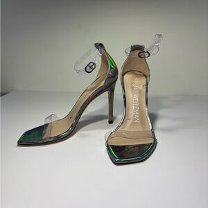 Stuart Weitzman Nudistcurve 100 Sandal Heel Silver Clear Gunmetal Mismatch Sz